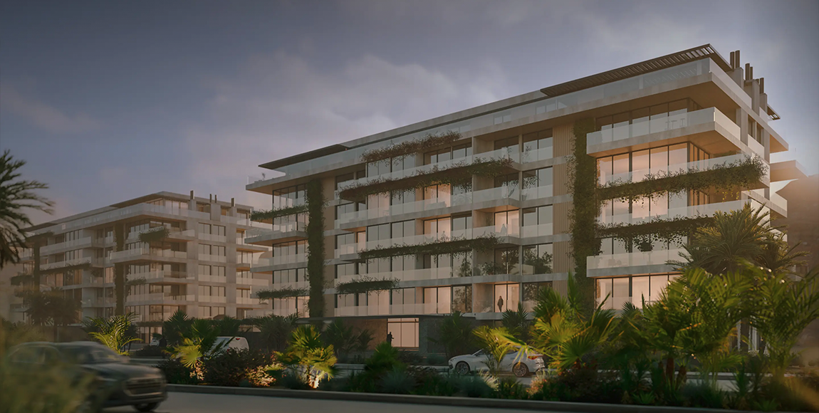 Render de Oasis al atardecer, con jardines y palmeras