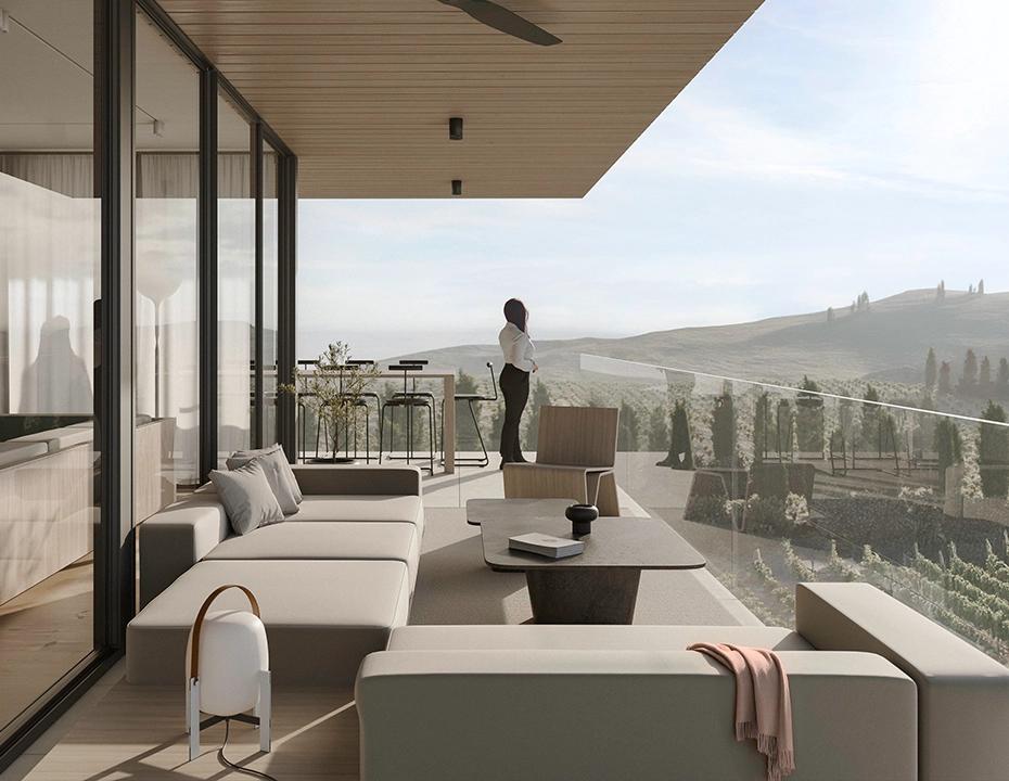 Render de un living con terraza y vista a las sierras