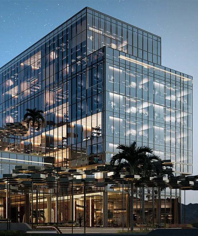 Render de Valley Boulevard, edificio de oficinas vidriado