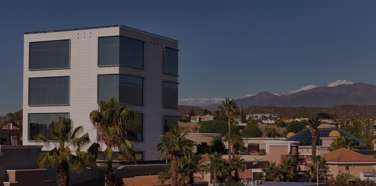 Edificio Workplace con palmeras y la precordillera de fondo