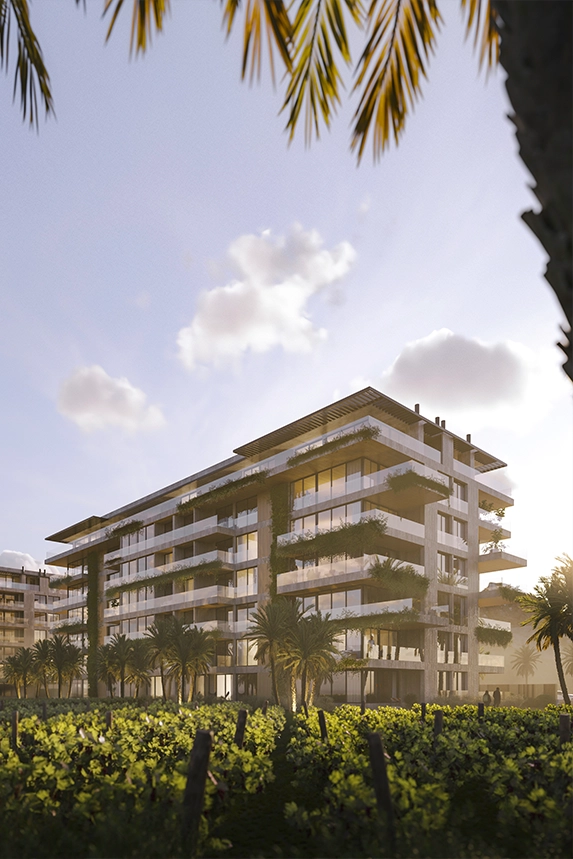 Render de Oasis con palmeras y jardines