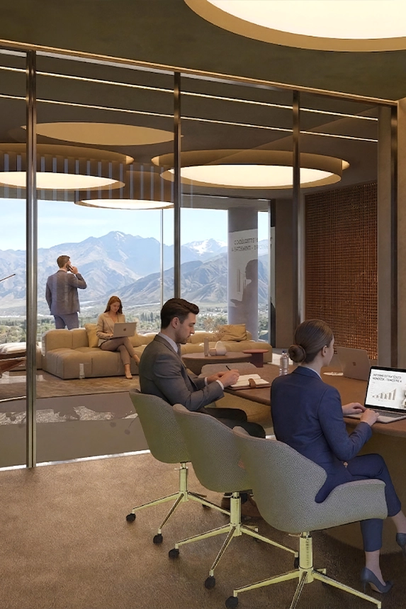 Oficina con personas trabajando y vista a las montañas