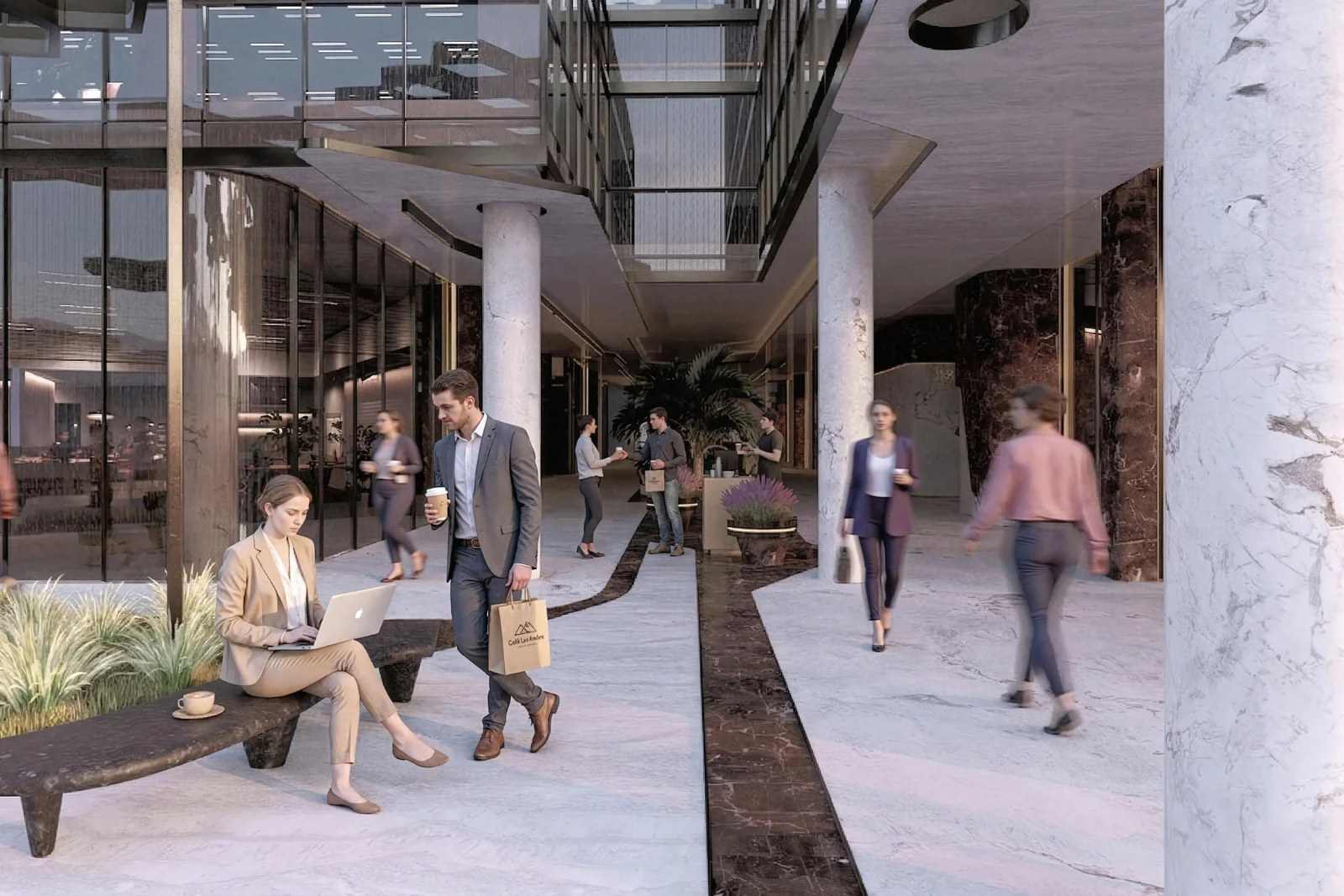 Render de Valley Boulevard: galería peatonal con columnas de mármol y personas caminando
